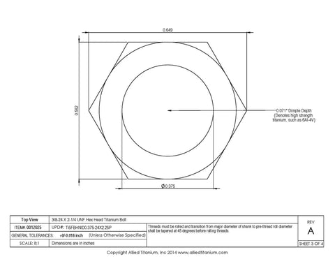 Top view technical drawing of Pack Of Three Grade Five Titanium Hex Bolts 3/8-24 X 2-1/4 Unf fasteners.
