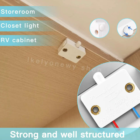 8 Pack Door Activated Light Switch Kit for Cabinets and Closets installed on wooden surface, 120V 1A 250V rated, side view.
