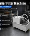 Top Shelf Heavy Duty Commercial Deep Fryer Oil Filter Machine 55 Liter 14 Gallon Hella Durable Stainless Steel Cart For Restaurant Kitchen Cooking Routine in a modern kitchen.