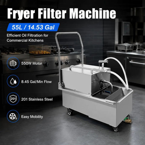 Top Shelf Heavy Duty Commercial Deep Fryer Oil Filter Machine 55 Liter 14 Gallon Hella Durable Stainless Steel Cart For Restaurant Kitchen Cooking Routine in a modern kitchen.