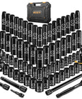 Heavy Duty Half Inch Drive Impact Socket Set, 72-Piece SAE And Metric Kit with deep and shallow sockets shown with case