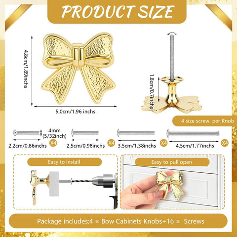 Solid Choice Bow Cabinet Handles For Dressers And Bedroom Closets Set Of Four Warm Gold Finish Drawer Pulls showing size and installation details.