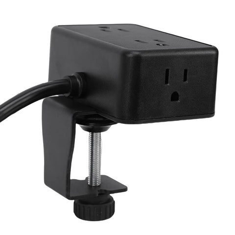 Black desk clamp power strip with dual outlets and USB ports for charging, ideal for home office and gaming setups.