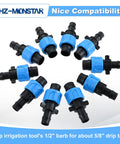 Drip Tape Connector Set 50 Pcs 1/2 Inch Barb Fittings For 5/8 Inch Drip Tape Sprinkler, blue twist lock, arranged in circle