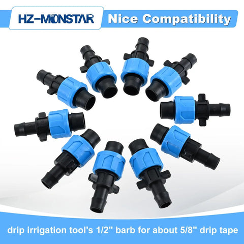 Drip Tape Connector Set 50 Pcs 1/2 Inch Barb Fittings For 5/8 Inch Drip Tape Sprinkler, blue twist lock, arranged in circle