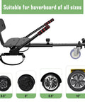 Go Kart Style Scooter Seat Attachment With Colorful LED Lights And Bluetooth Adjustable Length From 28 To 34 Inches Converts Self Balancing Scooters For Kids Teens And Adults Into A Fun Stable Ride shown with different wheel sizes
