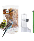 Straight Up No Drama Automatic Bird Cage Feeders And Waterers With Sturdy Perch Top Shelf Parrot Water Bottle And Leak Proof Seed Dispenser Sweet Starter Kit For Serious Bird Keepers with two treed budgies and feeder.