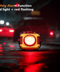 Dual Sided Magnetic Work Light With 2400 Lumens Rechargeable Power Stepless Dimming 2700K To 8000K Color Temperature 360 Degree Rotating Stand And Built In Hook Up To 80 Hours Runtime shown with red safety alarm feature in night setting
