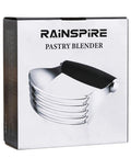 Pro Grade Heavy Duty Pastry Blender With Stainless Steel Blades shown in packaging, black handle, kitchen tool for baking.