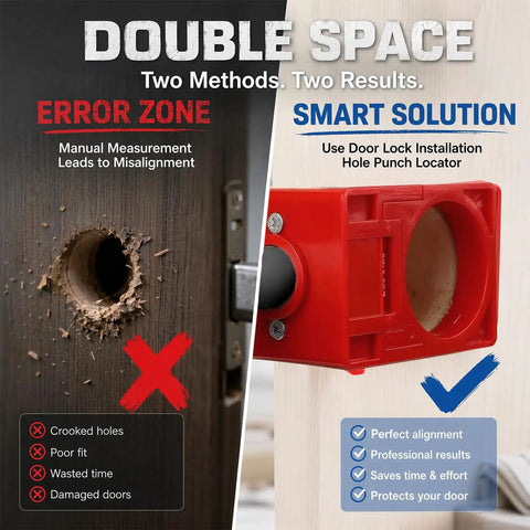 Heavy Duty Adjustable Aluminum Door Hinge Jig And Lock Installation Kit Featuring Precision Mortise Template showing error and smart solution in lock installation.