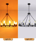 12 Light Black Wagon Wheel Chandelier For Dining Rooms And Kitchen Islands Dimmable Cozy Rustic Farmhouse Pendant Lighting illuminated and unlit.