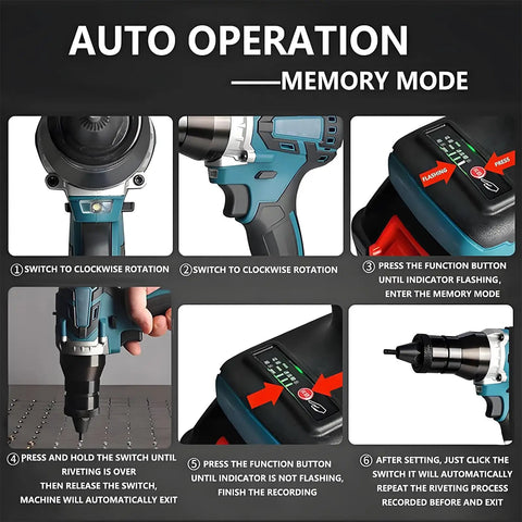 No Strings Attached Slick Cordless Rivet Nut Gun With 26V Automatic Force showcasing auto operation steps for memory mode.