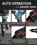 Hella Durable Cordless Rivet Gun With Bright Led Light And Comprehensive Metric Head Kit For Blind Threaded Inserts, showing auto operation instructions.