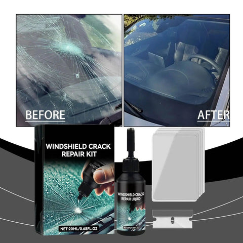 Windshield Crack Repair Kit 2025 Upgrade for Chips and Cracks Quick Fix Glass Fluid Set for Car Windshield and Windows Easy DIY Repair in Under 30 Minutes with before and after images of a windshield repair.
