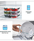 10 Pack 22 Oz Glass Meal Prep Containers With Lids, Airtight BPA Free Food Storage, shown stacked in freezer and dishwasher-safe