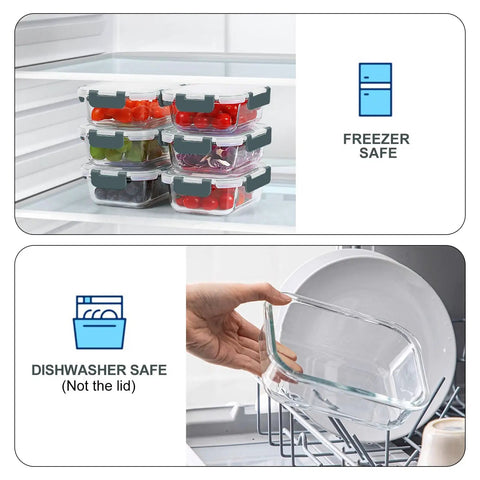 10 Pack 22 Oz Glass Meal Prep Containers With Lids, Airtight BPA Free Food Storage, shown stacked in freezer and dishwasher-safe