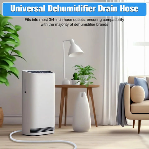13 Foot Universal Dehumidifier Drain Hose With Cuttable Rubber Adapter And Clamp for No Fuss Easy Install Three Quarter Inch FHT Flexible Leak Free Drain Hose For Most Dehumidifier And Air Conditioner Brands White extending on living room floor