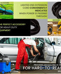 Person cleaning car with vacuum using Beefy 50 Foot Outdoor Extension Cord 14/3 SJTW Black Not For EV Chargers 2 Pack