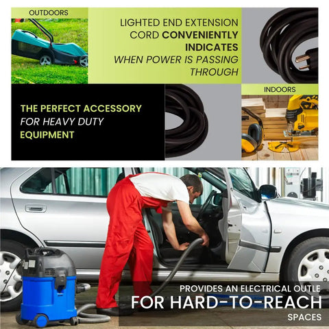 Person cleaning car with vacuum using Beefy 50 Foot Outdoor Extension Cord 14/3 SJTW Black Not For EV Chargers 2 Pack