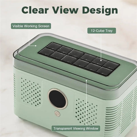 Sleek Countertop Ice Maker With Zero Sweat One Touch Operation And Smooth Self Cleaning Design showing 12-cube tray and clear view design.