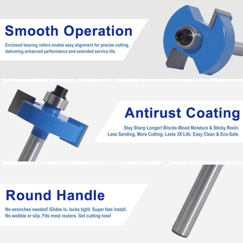 Smooth operation details of Top Shelf Four Piece Rabbet Router Bit Set With One Quarter Inch Shank For carpentry cutting.