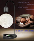 Magnetic Levitating Moon Lamp With Built In Wireless Charging Pad Zero Gravity Floating Desk Light LED Night Light shown in bedroom.