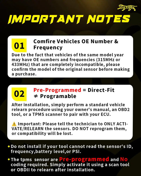 Pre Programmed 433MHz TPMS Sensor for Chevy and GMC Rides Direct Fit Fits Malibu Camaro Cruze Impala Traverse Silverado 1500 2500 3500 Blazer Trailblazer Volt Acadia Sierra 1500 OE 13598773 installation notes graphic