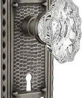 Craftsman Door Plate With Keyhole And Chateau Knob, Passage Set For Nonlocking Doors, 2 3/8 Inch Backset, Solid Brass With Lead Crystal Knobs