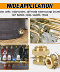 2 Pack Solid Brass Bulkhead Fittings 3/8 NPT Taper Female To 1 Inch Straight Male displayed with applications in water tanks and piping