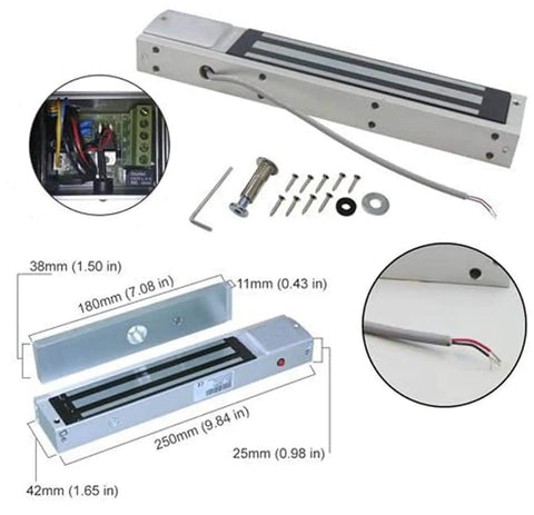 Components of rugged weatherproof metal keypad reader for four doors access control kit with magnetic lock and power box.