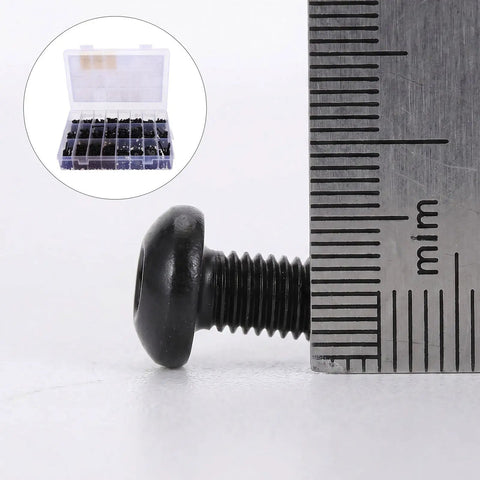 Badass Metric Socket Head Cap Screw Assortment Kit Built From Tough Carbon Steel with Hex Drive next to ruler for size measurement.