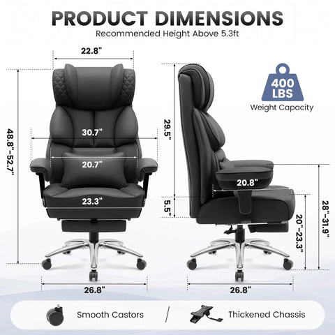 Product dimensions of Big And Tall Leather Office Chair With Footrest For Long Hours, Comfy Ergonomic High Back Reclining Computer Chair