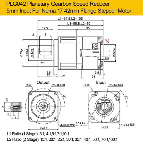 Heavy Duty Helical Gear Reducer Box For Nema 17 23 34 Stepper Motors And Flange Servos With 35Mm Input Shaft 20 To 1 Ratio detailed technical drawing.