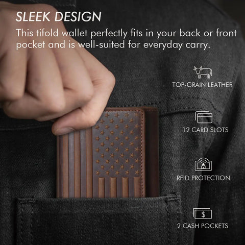Trifold Leather Wallet For Men RFID Blocking With 12 Card Slots, American Flag Design, Dark Brown in coat pocket