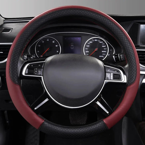 Rhombus Microfiber Leather Steering Wheel Cover Universal Fit For Car Suv Truck Van With Padded Sides And Slick Grip In Black And Burgundy