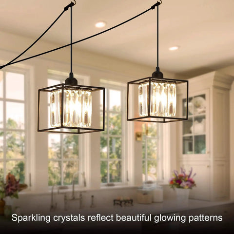 Plug In Pendant Light With Cord In Black Metal Cage And Crystal Accents, Small Yet Dope Statement Chandelier in kitchen