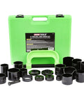 21 Piece Ball Joint Press Kit With Puller And U Joint Adapters shown with green carrying case and black components