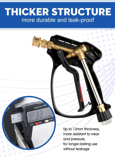 Heavy Duty 5000 PSI Short Pressure Washer Gun With Swivel Inlet, close-up showing thick structure and durability measurement.