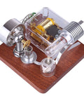 Hot Air Engine Model Kit With Rotating Mechanical Music Box for Science Experiments on wooden base, side view of components