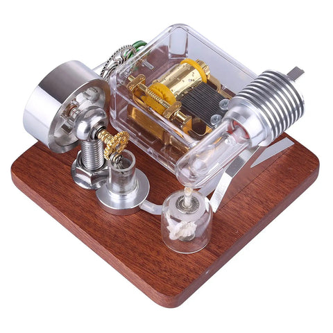 Hot Air Engine Model Kit With Rotating Mechanical Music Box for Science Experiments on wooden base, side view of components