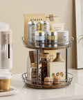10 Inch Lazy Susan Turntable Organizer 2 Tier Round Rotating Spice Rack with jars and packets on kitchen counter