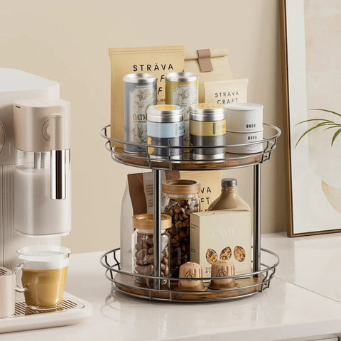 10 Inch Lazy Susan Turntable Organizer 2 Tier Round Rotating Spice Rack with jars and packets on kitchen counter