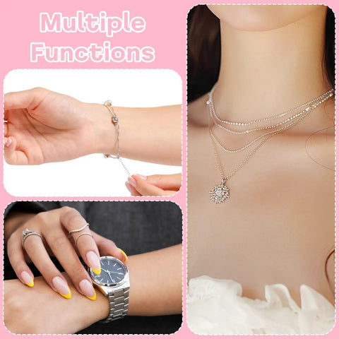 2 In 1 Stainless Steel Bracelet Helper Tool For No Hassle Slip On Wear And Clasp Fastening Jewelry Clasp Helper, shown on wrist with bracelet and necklace