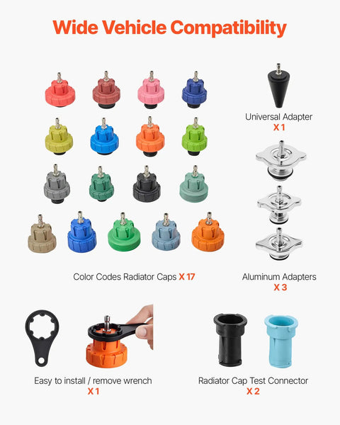 Set of radiator caps and adapters for universal use, part of the Shop Grade Radiator Coolant Pressure Tester Kit with Vacuum Refill Tool.