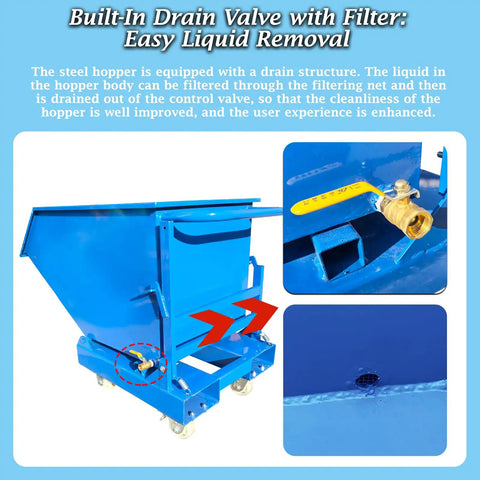 Heavy Duty Steel Self Dumping Hopper And Forklift Bin With Dual Brake Casters And Drain Valve, 2200 Lb showing built-in drain valve and filter.