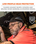 LED Brim Safety Bump Cap Baseball Style Long Brim Work Hat with Front Light, man in orange shirt working in cramped space