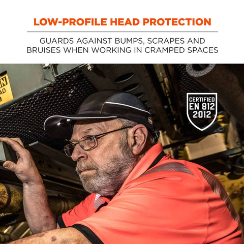 LED Brim Safety Bump Cap Baseball Style Long Brim Work Hat with Front Light, man in orange shirt working in cramped space