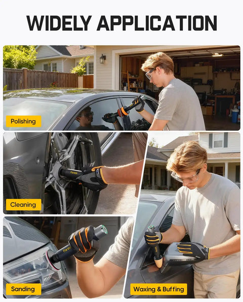 Person using Pro Grade Mini Cordless Car Buffer Polisher P10 Pro With 4000mAh Battery for polishing, cleaning, sanding, waxing.