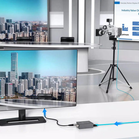 Dont Sweat The Cable Crunch With This HDMI To SDI Converter Featuring Dual SDI Outputs And Native Audio Embedding For Clean 1080P Feed connected to two monitors, showcasing a busy cityscape.
