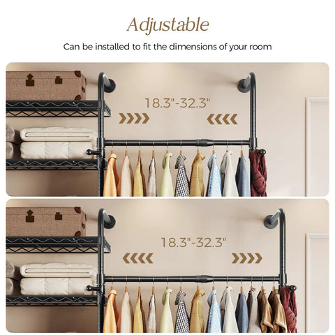 Ultimate Wall Mounted Closet Organizer Game Changer With Hefty Industrial Pipe Build showcasing adjustable rod size 18.3"-32.3".